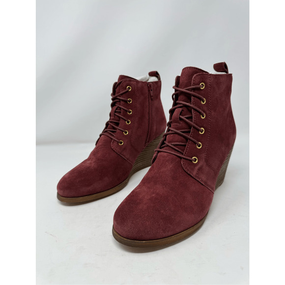 Diba Blake Suede Bootie Burgundy Ankle Boot Lace Up Wedges Size 7 NWOB - Picture 4 of 12